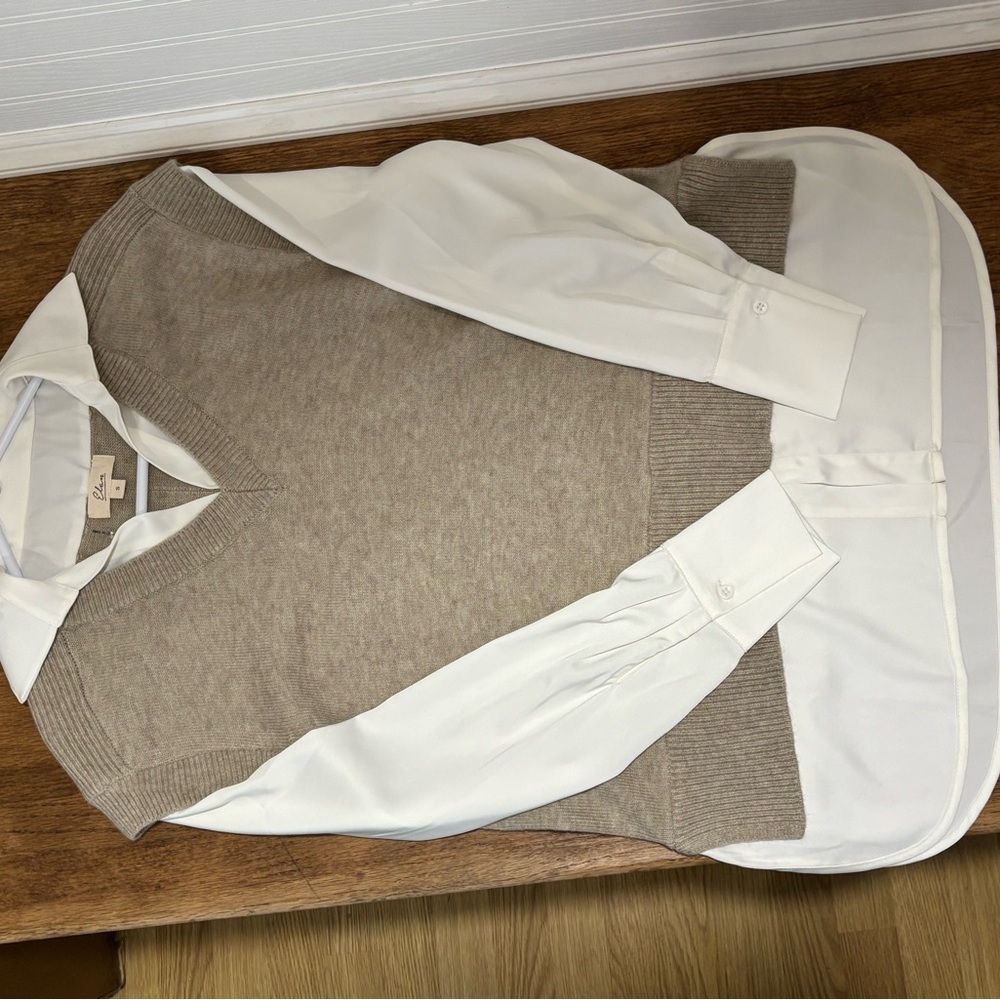 Elan Tan V-Neck Sweater Vest with Attached White Collared Blouse - Picture 3 of 4